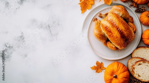 Happy Thanksgiving Day with roasting chicken or turkey,pie,pumkins,maple leaf on white marble table,Autumn feast,Family dining room table set with golden roasted turkey on platter garnished rosemary. photo