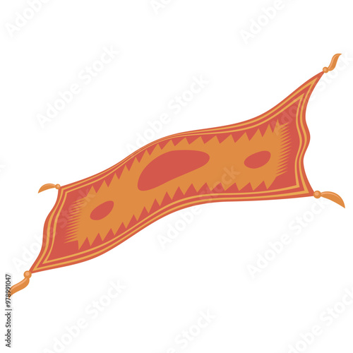 Vector flying magic carpet. Wavy Persian orange textile. Fairytale cartoon character.