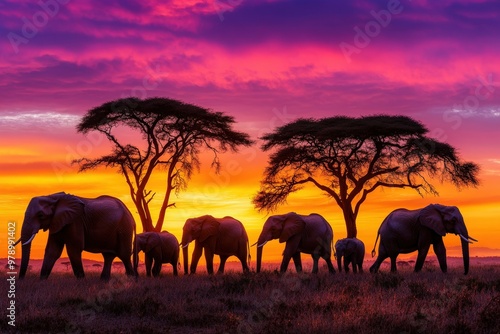 Elephant silhouettes are magnified against a vivid sunset as they walk near distinct acacia trees in a scenic savannah, creating an iconic and serene wildlife scene.