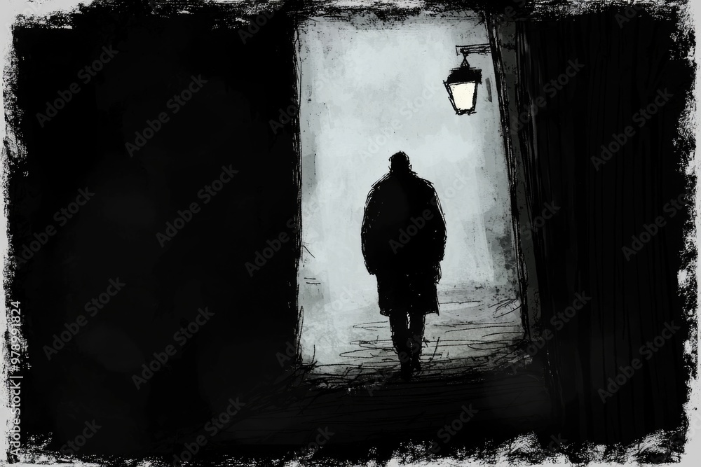 Lone Figure Walking in Dark Alley with Lantern Light, Lone Figure Walking in Dark Alley with Lantern Light,