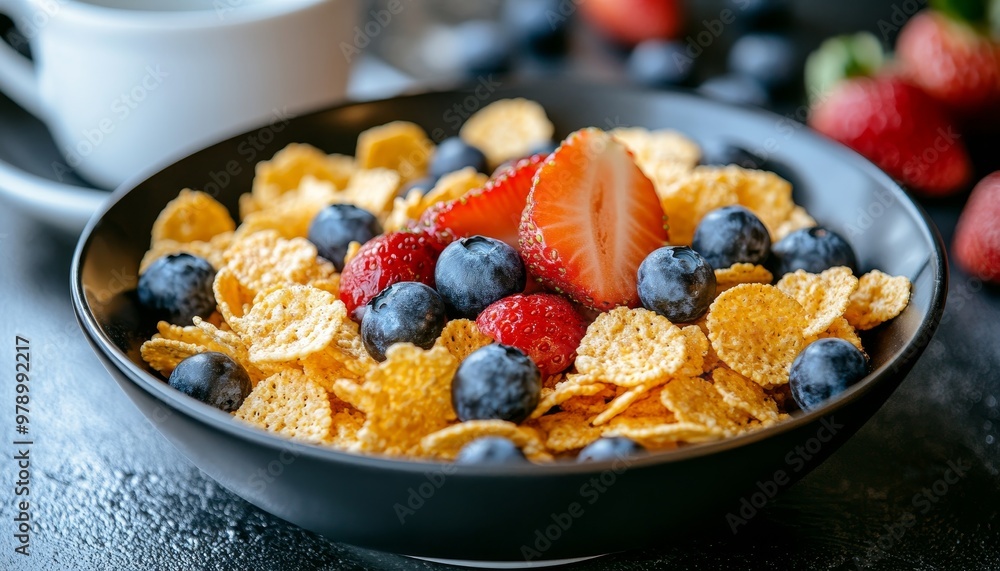 Healthy breakfast, cornflakes with fresh blueberries and strawberries in a black bowl, closeup Healthy breakfast, cornflakes with fresh blueberries and strawberries in a black bowl, closeup