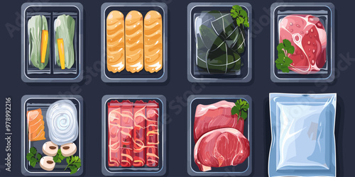 A variety of meats and vegetables are displayed in a row. Concept of abundance and variety, with a focus on the different types of food available. The presentation is colorful and appetizing