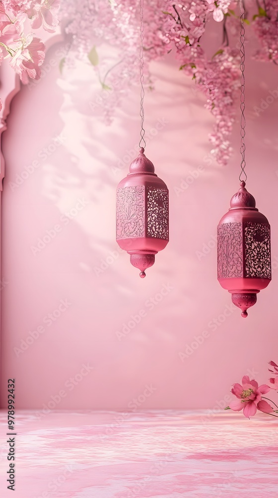 Two ornate pink lanterns hang against a soft pink backdrop adorned with flowers. Two ornate pink lanterns hang against a soft pink backdrop adorned with flowers.