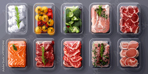 A variety of meats and vegetables are displayed in clear plastic containers. Concept of abundance and variety, with the different types of food arranged in neat rows