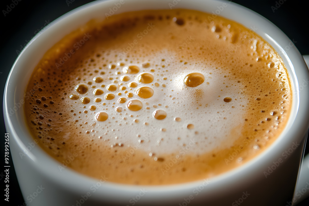 A close-up of coffee foam in cup, swirling patterns. The surface is creamy, speckled with tiny, golden bubbles
A close-up of coffee foam in cup, swirling patterns. The surface is creamy, speckled with tiny, golden bubbles