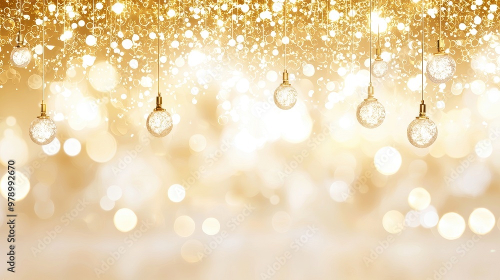 Golden Bokeh Lights Festive Background with Hanging Glass Ornaments Golden Bokeh Lights Festive Background with Hanging Glass Ornaments