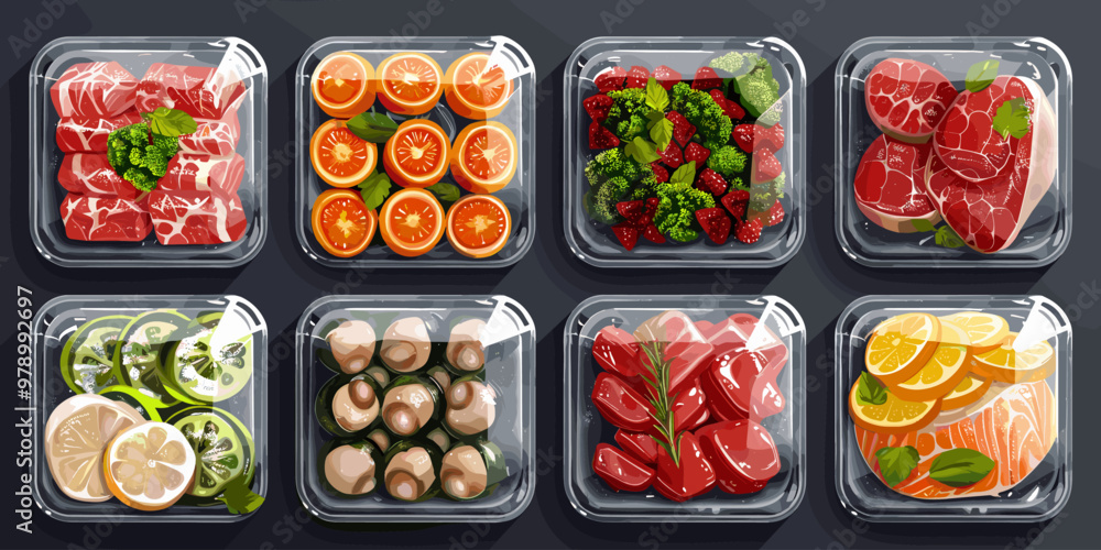 A collection of food items in clear plastic containers, including meat, vegetables, and fruit. Concept of abundance and variety, with a focus on healthy and nutritious options A collection of food items in clear plastic containers, including meat, vegetables, and fruit. Concept of abundance and variety, with a focus on healthy and nutritious options