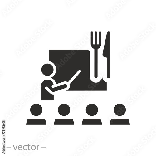 instructor vegan nutrition icon, diet food workshop, training health eat, menu layout, superfood concept, flat vector illustration