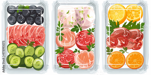 Three containers of food, one with a cucumber, one with meat and one with fruit. The containers are all clear and filled with a variety of food items