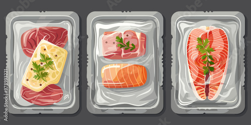 Three different types of meat are displayed in plastic containers. The containers are arranged in a row, with the first one containing a piece of meat, the second one containing a piece of meat photo