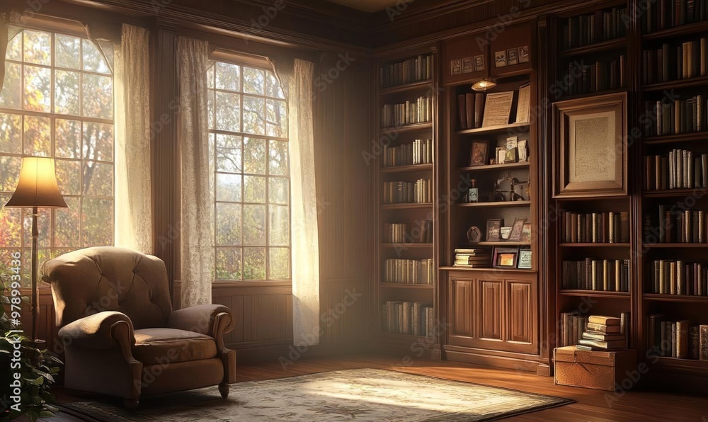 A cozy reading nook with a leather armchair, a lamp, a large window with sunlight streaming through it, and a large wooden bookcase filled with books. A cozy reading nook with a leather armchair, a lamp, a large window with sunlight streaming through it, and a large wooden bookcase filled with books.