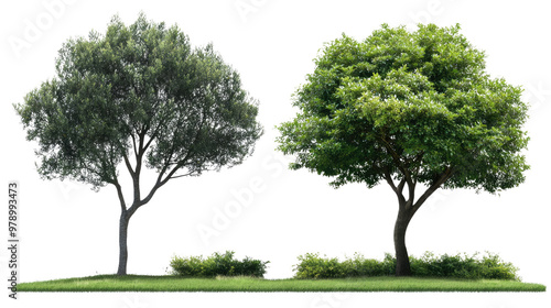 A tall green tree isolated on a white background with a clear view of its leaves and trunk