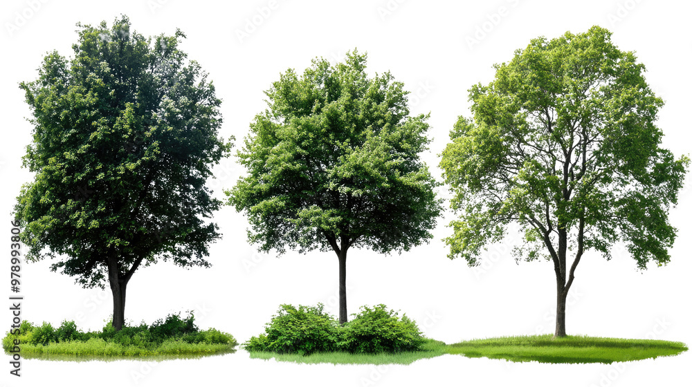 Fototapeta premium A tall green tree isolated on a white background with a clear view of its leaves and trunk