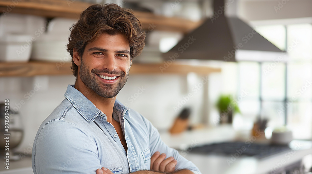 Obraz premium A handsome young man in the spacious modern kitchen