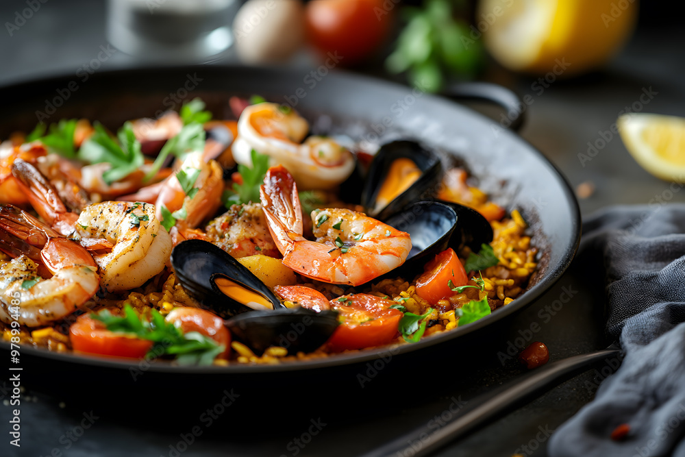 Fototapeta premium Aromatic seafood paella in a dark, rustic pan commercial advertising photo