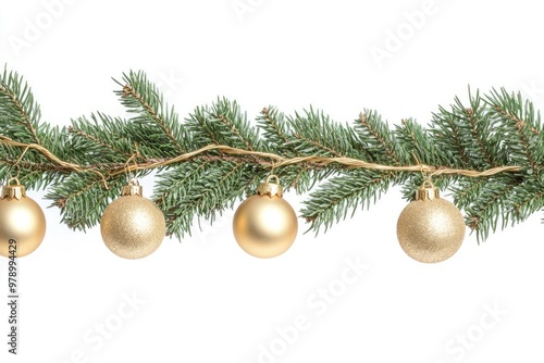 Horizontal Christmas tree branch with Christmas tree balls, new year and Christmas decor, isolated on a white background