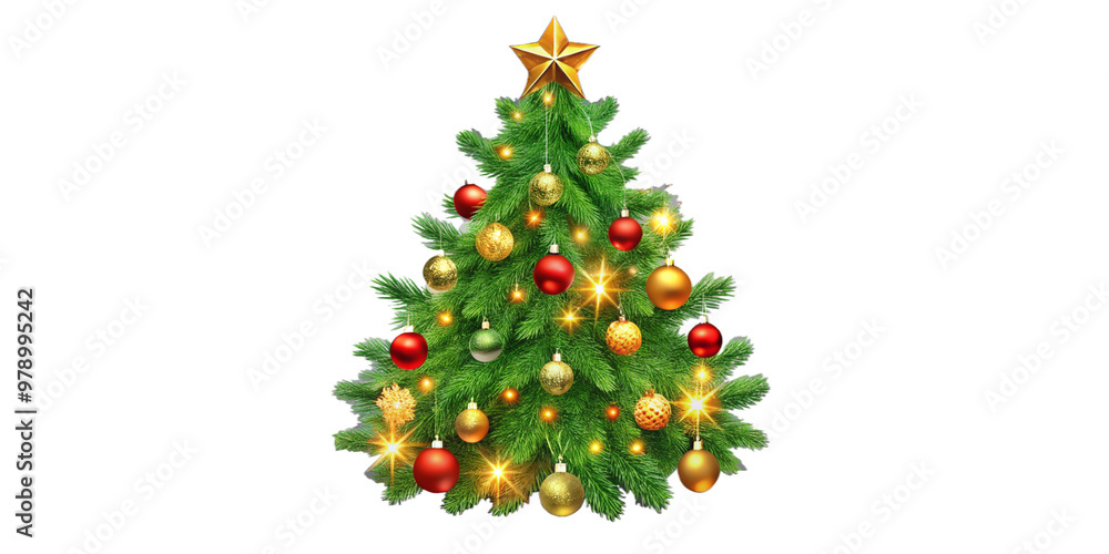 Vector christmas tree isolated on transparent background. Beautiful shining christmas tree with decorations - balls, garlands, bulbs, tinsel and a golden star at the top. Realistic style. Eps 10 Vector christmas tree isolated on transparent background. Beautiful shining christmas tree with decorations - balls, garlands, bulbs, tinsel and a golden star at the top. Realistic style. Eps 10
