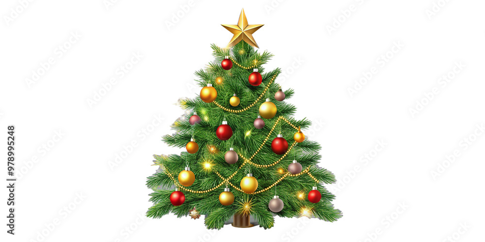 Vector christmas tree isolated on transparent background. Beautiful shining christmas tree with decorations - balls, garlands, bulbs, tinsel and a golden star at the top. Realistic style. Eps 10 Vector christmas tree isolated on transparent background. Beautiful shining christmas tree with decorations - balls, garlands, bulbs, tinsel and a golden star at the top. Realistic style. Eps 10