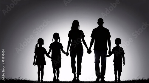 Family silhouette walking together in the light.