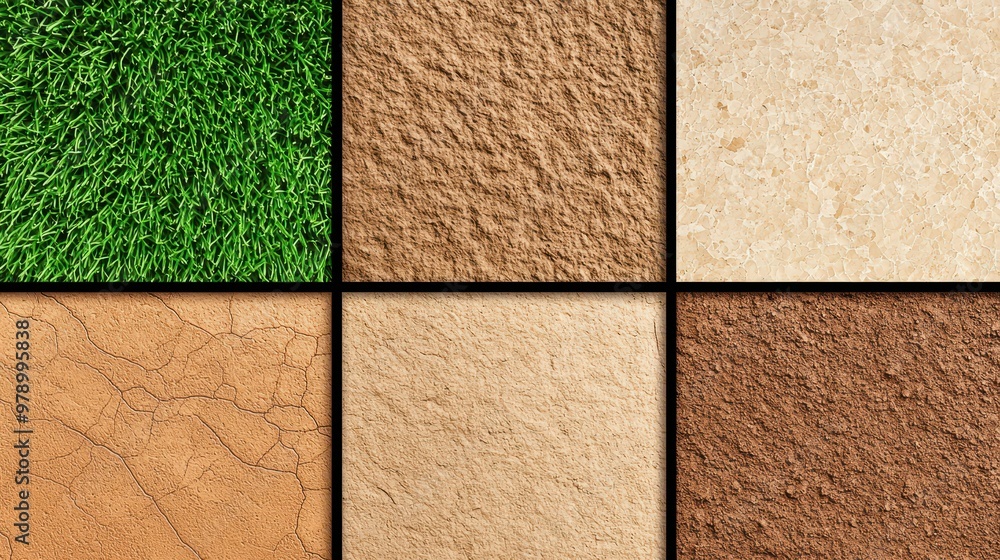 Fototapeta premium Six Different Surface Textures Green Grass Brown Beige Cracked Smooth Rough