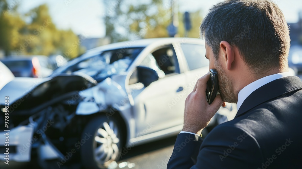 One man reporting car crash damage calling insurance roadside service One man reporting car crash damage calling insurance roadside service