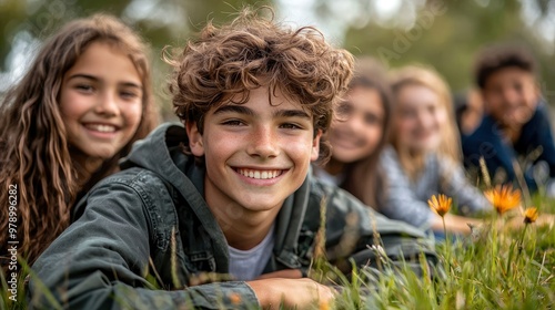 Happy teenage boy lying in grass with friends in background