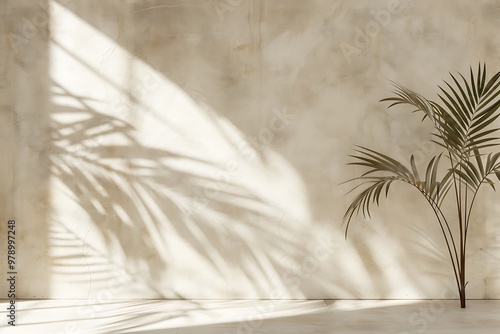 Minimal product placement background with palm shadow on beige plaster wall Luxury summer architecture interior aesthetic Boho home room for product platform stage mockup