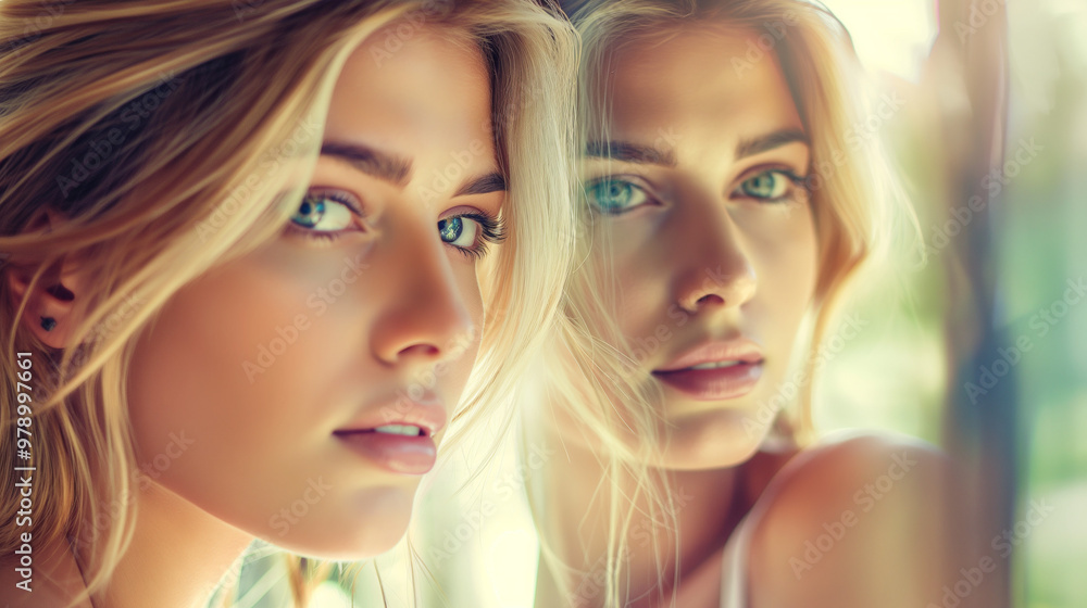 Close-up of a woman's face and its reflection, highlighting her striking blue eyes. Close-up of a woman's face and its reflection, highlighting her striking blue eyes.