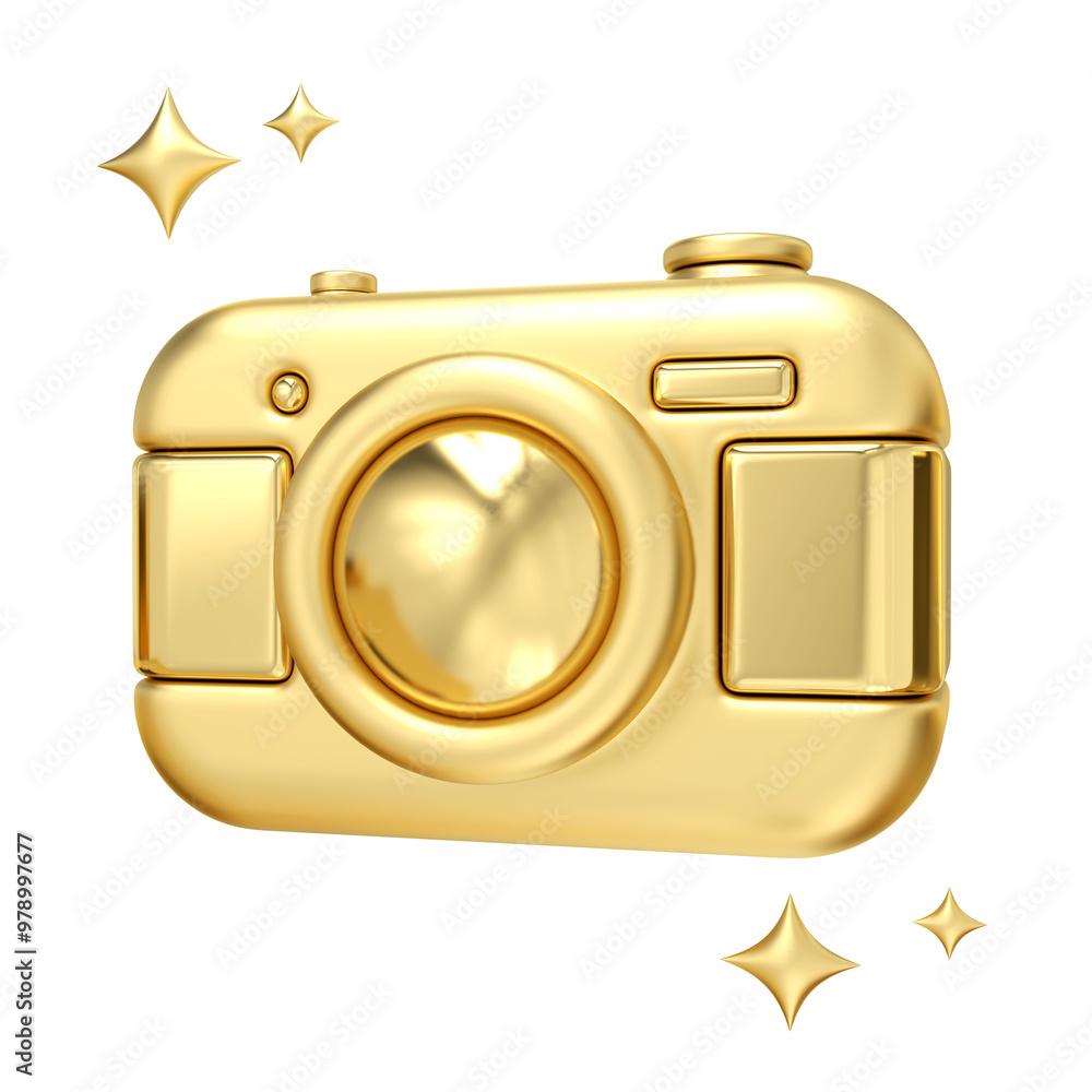 Golden Camera Glamour, 3D rendering of sleek, gold camera radiating luxury and photographic excellence, perfect for visual content creators and photography enthusiasts
