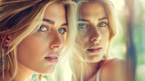 Close-up of a woman's face and its reflection, highlighting her striking blue eyes.