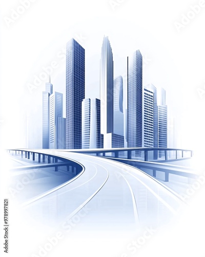 A stylized illustration of a highway leading towards a cityscape in the distance.