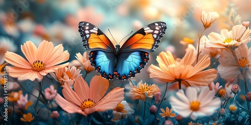 Abstract floral background with colorful butterflies in a beautiful and whimsical design