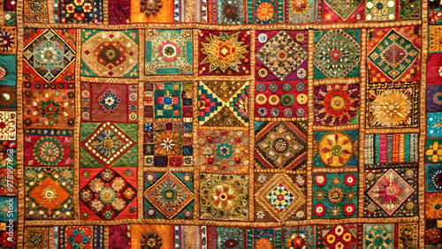 Vibrant and intricate patchwork tapestry design, colorful, handmade, textile, fabric, pattern, abstract, artistic