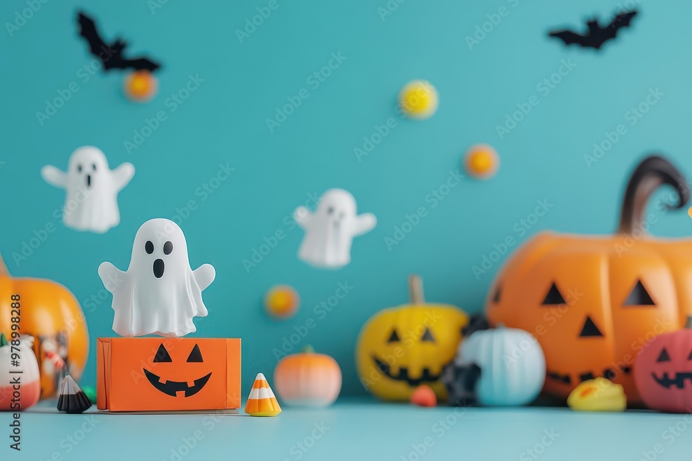 A Halloween party in full swing, with ghostly figures floating around, interacting with trickortreaters A Halloween party in full swing, with ghostly figures floating around, interacting with trickortreaters