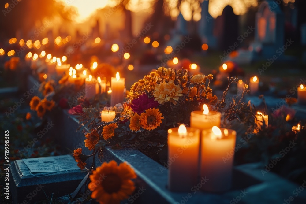 Lots of burning candles and flowers on graves. Copy space. Concept Day of the Dead, religion, traditions, symbol of the holiday, November 2 Lots of burning candles and flowers on graves. Copy space. Concept Day of the Dead, religion, traditions, symbol of the holiday, November 2