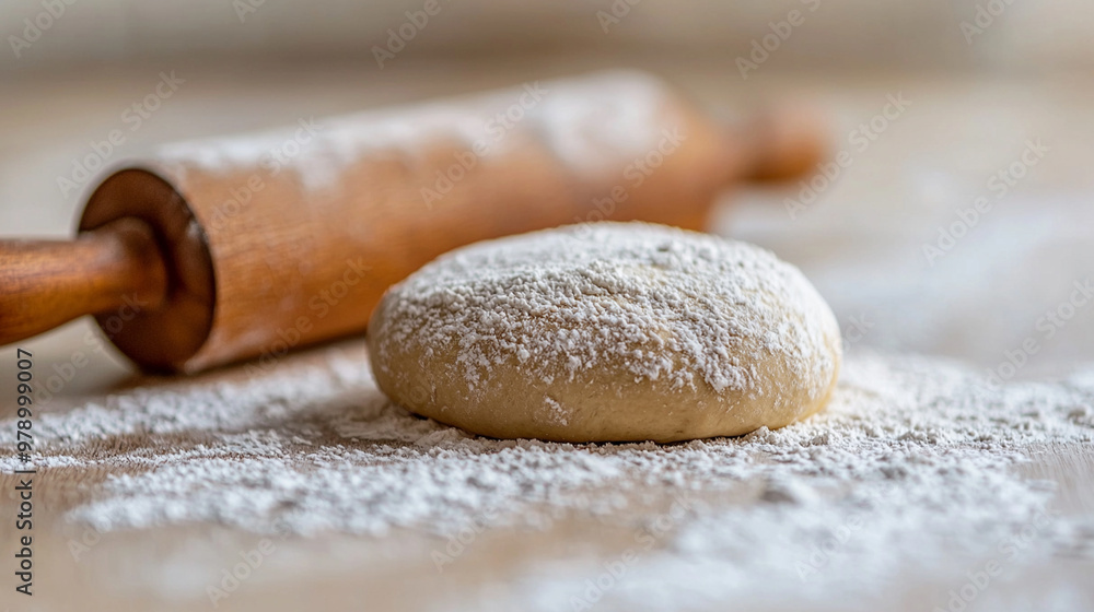 Raw dough on a floured surface with a rolling pin Raw dough on a floured surface with a rolling pin
