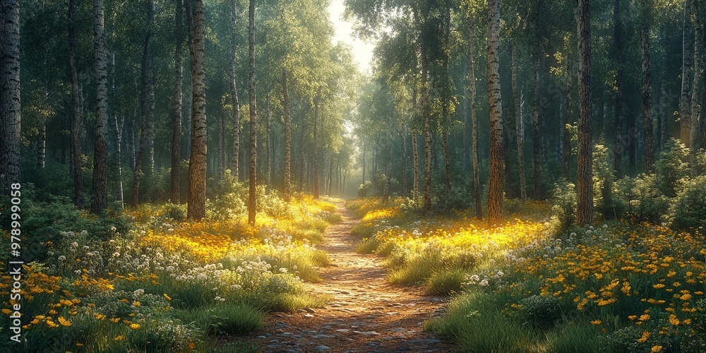 Obraz premium Enchanting forest path showcasing the transition from coniferous to deciduous trees