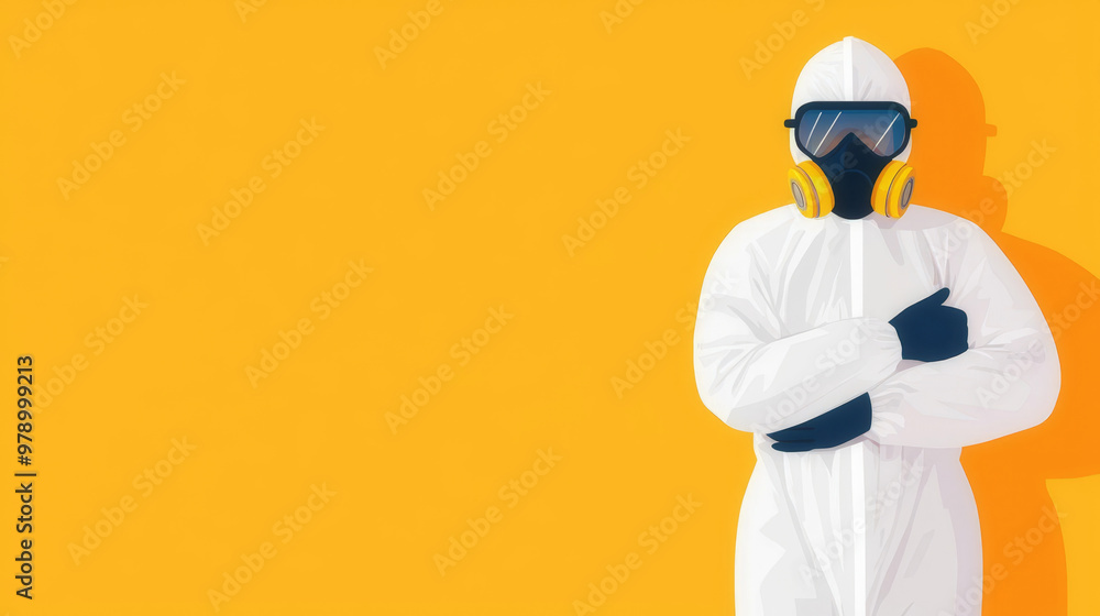 Worker donning fullbody hazmat suit, safety environment, flat design illustration Worker donning fullbody hazmat suit, safety environment, flat design illustration