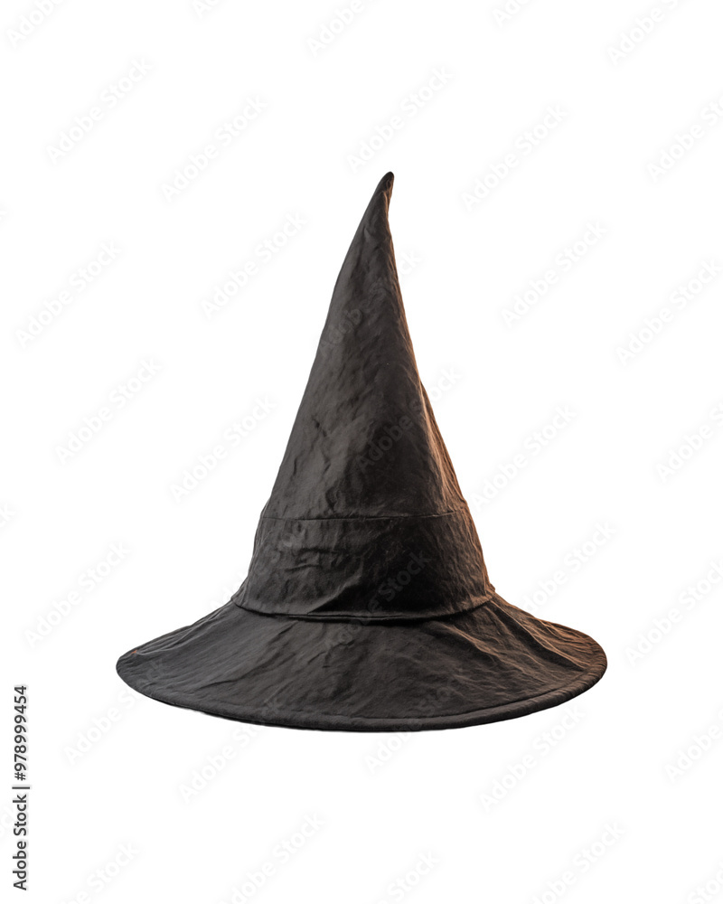 Fototapeta premium Brown witch hat adorned with orange braid and black trim, set against a white background. Ideal for Halloween designs and witch themed visuals. Generative AI