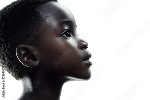 A close-up side view portrait of an African small boy with black skin against a white background,