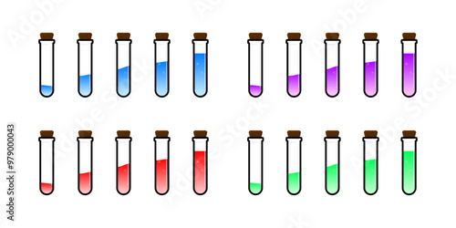 Set of glass bottles. Different color potion flat style on white background. Vector illustration. Design elements for game collection.