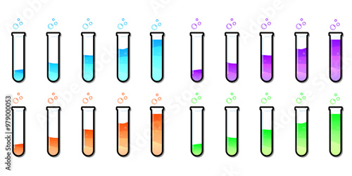 Set of glass bottles. Different color potion flat style on white background. Vector illustration. Design elements for game collection.