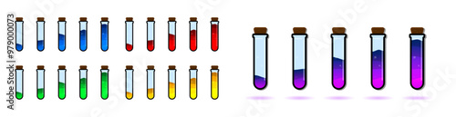Set of glass bottles. Different color potion flat style on white background. Vector illustration. Design elements for game collection.