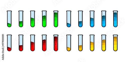 Set of glass bottles. Different color potion flat style on white background. Vector illustration. Design elements for game collection.