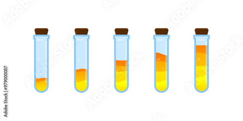 Set of glass bottles. Different color potion flat style on white background. Vector illustration. Design elements for game collection.