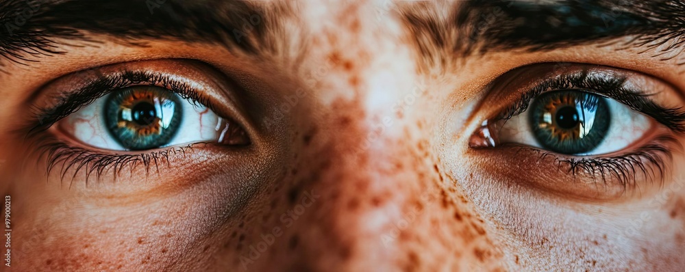 Close-up of striking blue eyes with freckles reflecting light, capturing emotion and depth in a stunning portrait. Close-up of striking blue eyes with freckles reflecting light, capturing emotion and depth in a stunning portrait.
