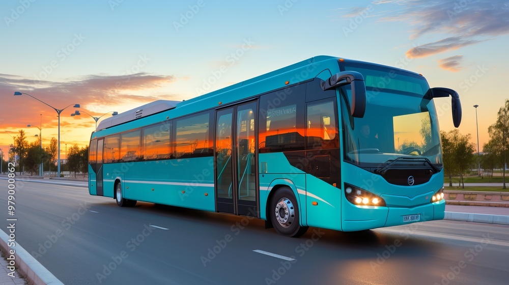 Bright turquoise bus driving on a city street during sunset with colorful clouds overhead Bright turquoise bus driving on a city street during sunset with colorful clouds overhead