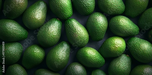 A pattern of fresh, vibrant green avocados arranged in an overhead view, showcasing their glossy texture and soft skin against the backdrop of darkness for contrast.