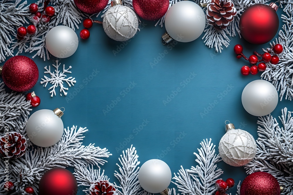 Christmas frame with red and white ornaments, pine branches and berries, holiday background Christmas frame with red and white ornaments, pine branches and berries, holiday background