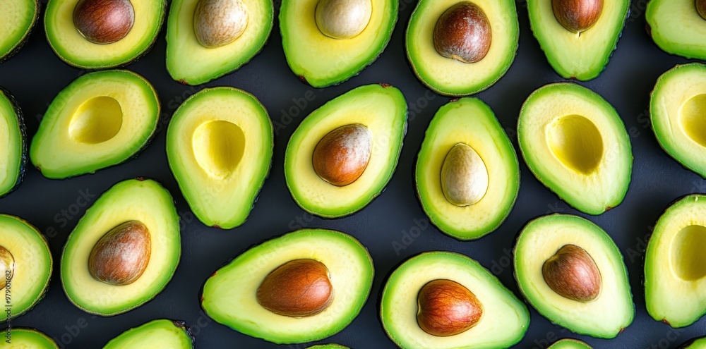 A pattern of fresh, vibrant green avocados arranged in an overhead view, showcasing their glossy texture and soft skin against the backdrop of darkness for contrast. A pattern of fresh, vibrant green avocados arranged in an overhead view, showcasing their glossy texture and soft skin against the backdrop of darkness for contrast.